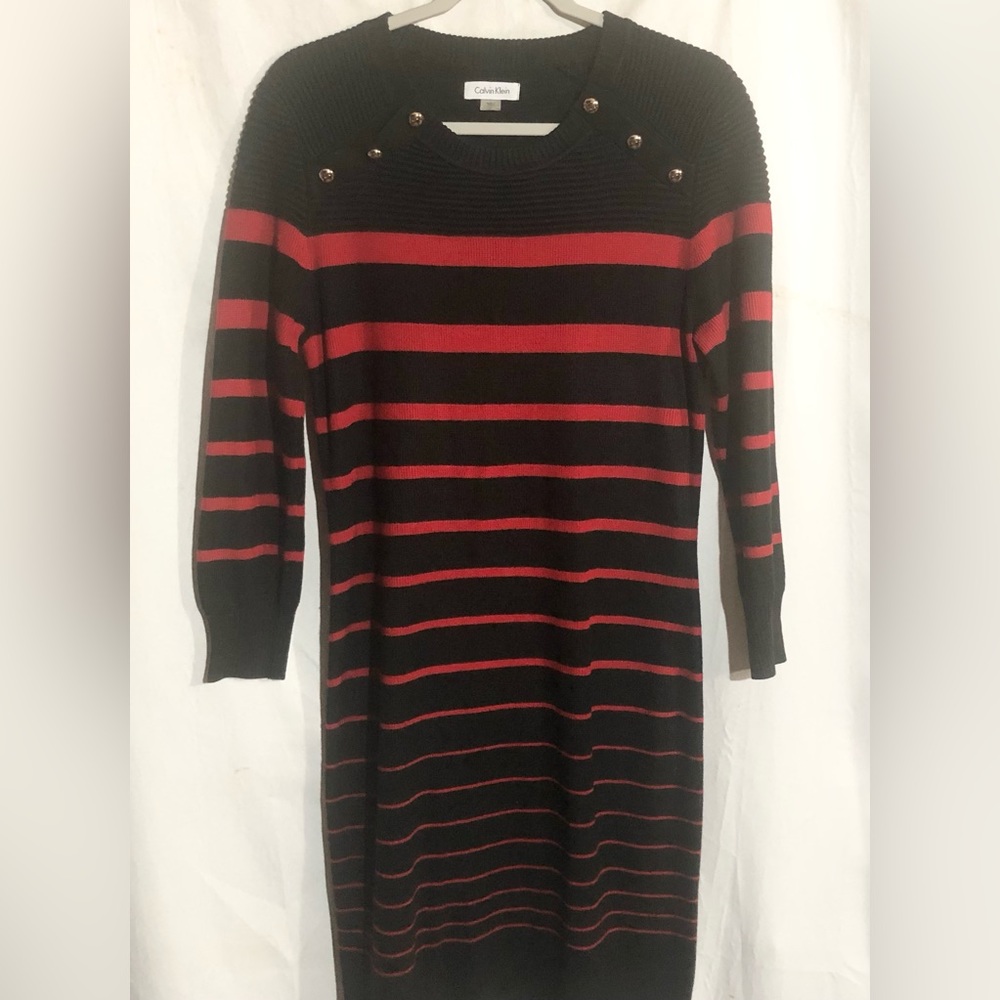 Calvin Klein Black and Red Striped Long Sleeve Dress
